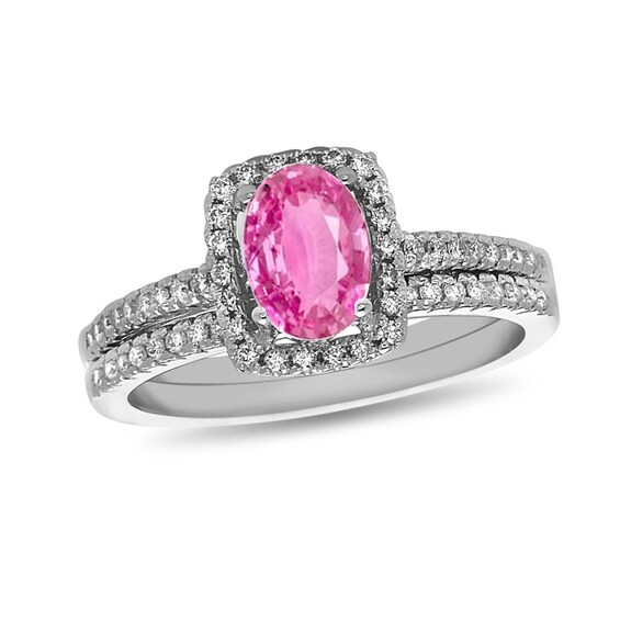 Oval Pink Sapphire and 1/3 CT. T.W. Diamond Frame Bridal Set in 14K White Gold Oval Pink Sapphire and 1/3 CT. T.W. Diamond Frame Bridal Set in 14K White Gold