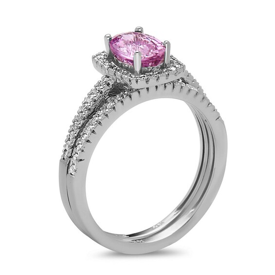 Oval Pink Sapphire and 1/3 CT. T.W. Diamond Frame Bridal Set in 14K White Gold Oval Pink Sapphire and 1/3 CT. T.W. Diamond Frame Bridal Set in 14K White Gold