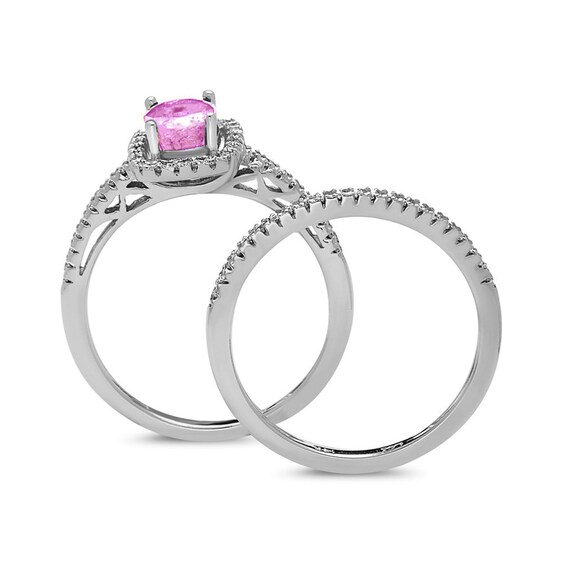 Oval Pink Sapphire and 1/3 CT. T.W. Diamond Frame Bridal Set in 14K White Gold Oval Pink Sapphire and 1/3 CT. T.W. Diamond Frame Bridal Set in 14K White Gold