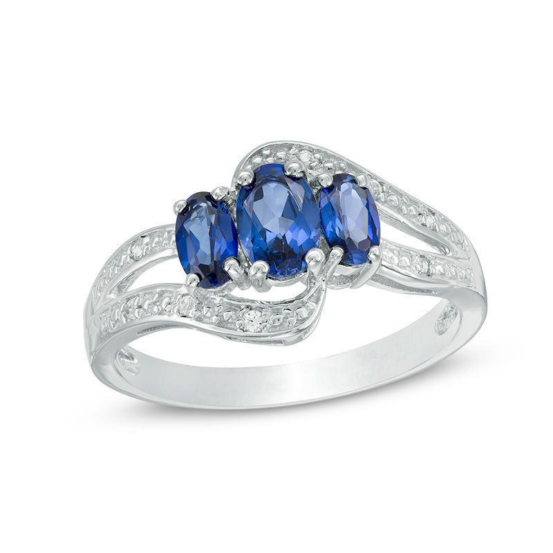 Oval Lab-Created Blue and White Sapphire Three Stone Bypass Ring in Sterling Silver