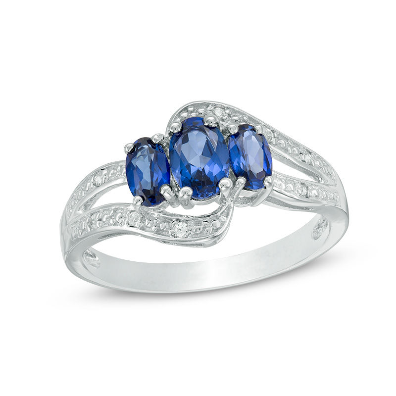 Main Image 1 of Oval Lab-Created Blue and White Sapphire Three Stone Bypass Ring in Sterling Silver