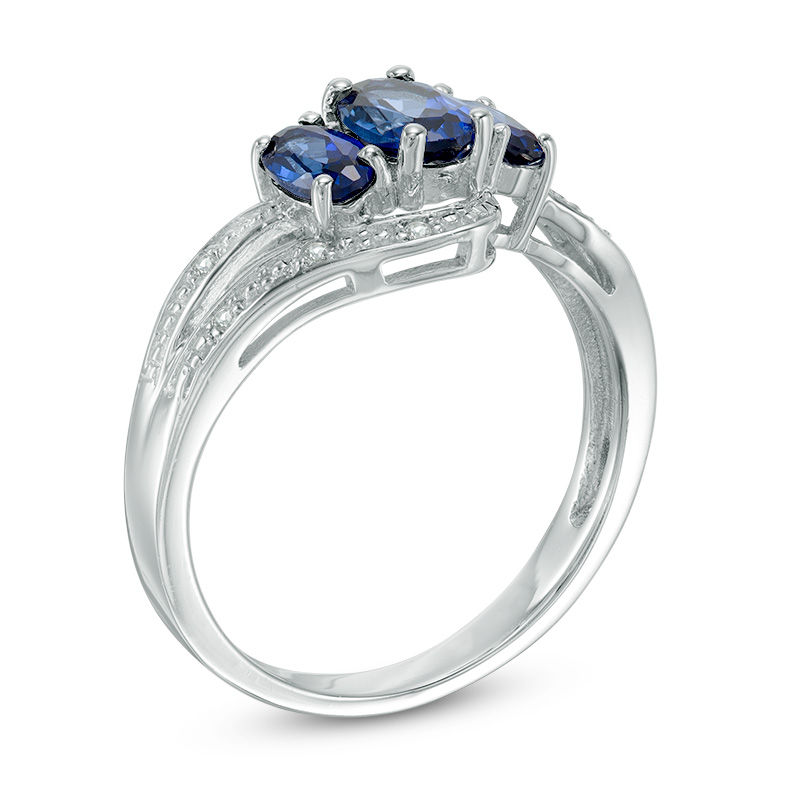 Oval Lab-Created Blue and White Sapphire Three Stone Bypass Ring in Sterling Silver