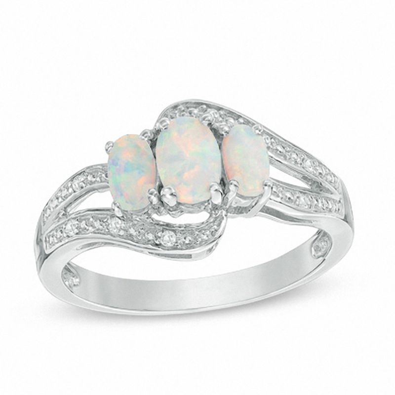 Oval Lab-Created Opal and White Sapphire Three Stone Bypass Ring in Sterling Silver