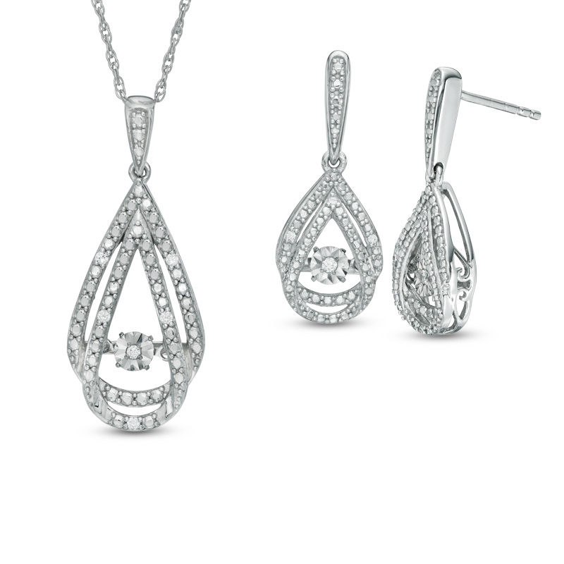 0.085 CT. T.W. Diamond Teardrop Pendant and Earrings Set in Sterling Silver