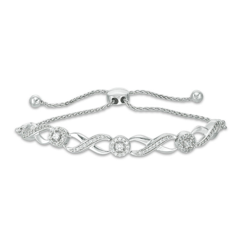 Main Image 1 of 1/3 CT. T.W. Diamond Infinity Bolo Bracelet in 10K White Gold - 9.5"