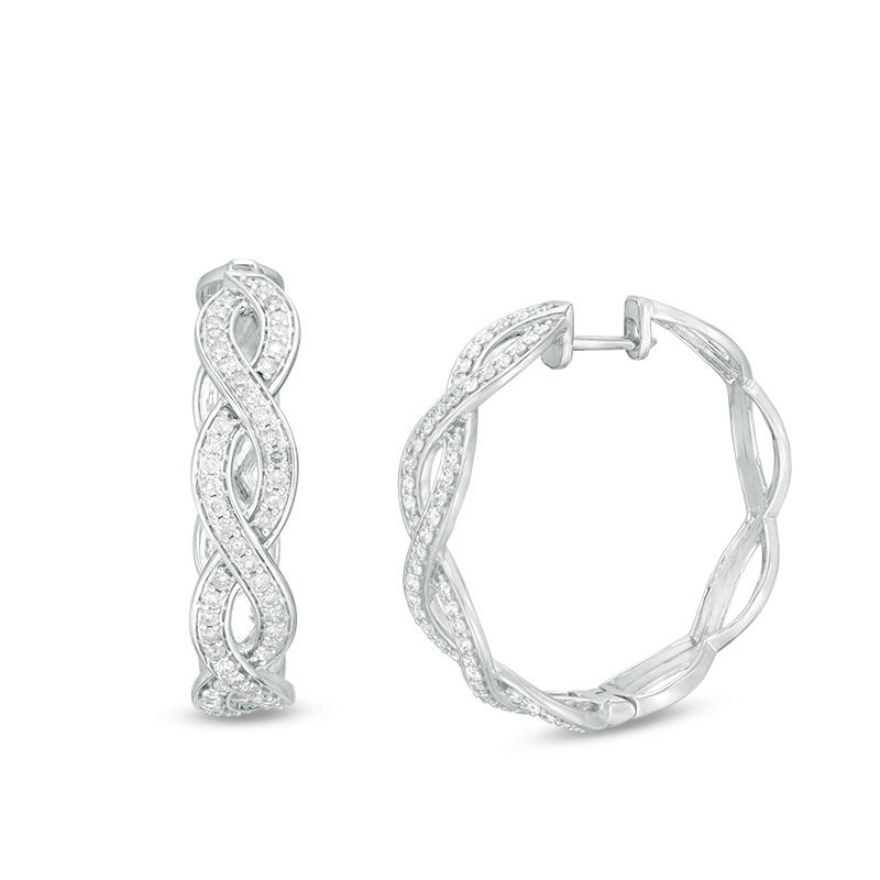 Main Image 1 of 1/2 CT. T.W. Diamond Braided Hoop Earrings in 10K White Gold