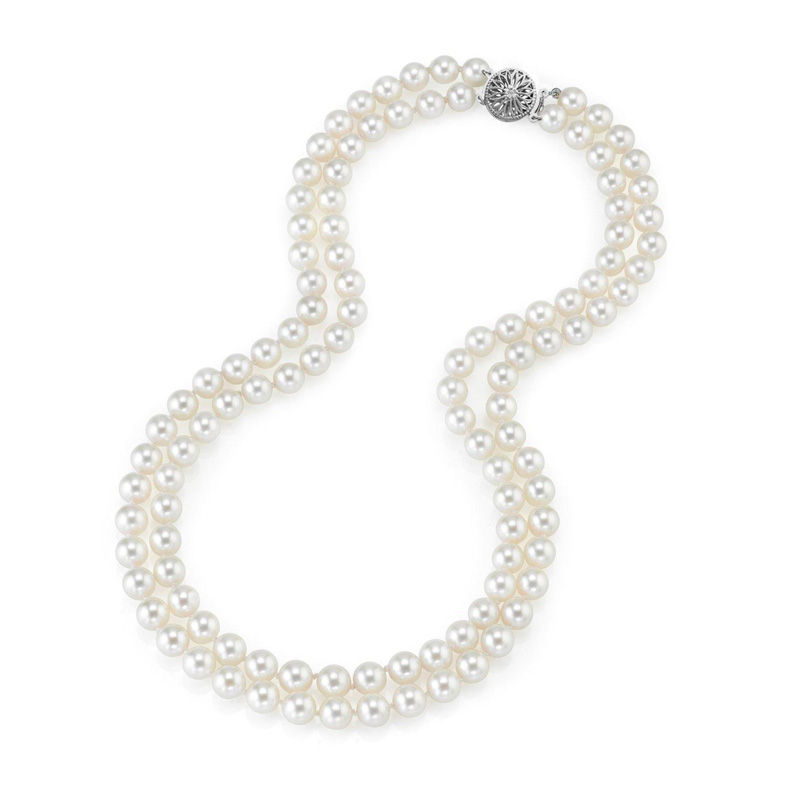 7.0-8.0mm Freshwater Cultured Pearl Double Strand Necklace with Sterling Silver Clasp