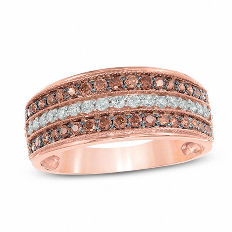 1/2 CT. T.W. Champagne and White Diamond Three Row Band in 10K Rose Gold
