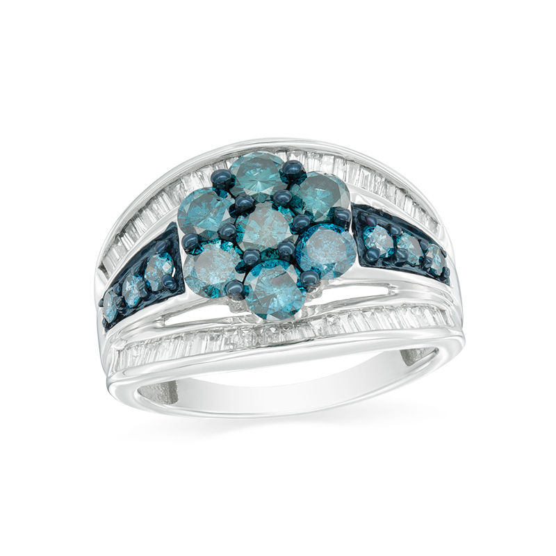 2 CT. T.W. Composite Enhanced Blue and White Diamond Flower Ring in 10K White Gold