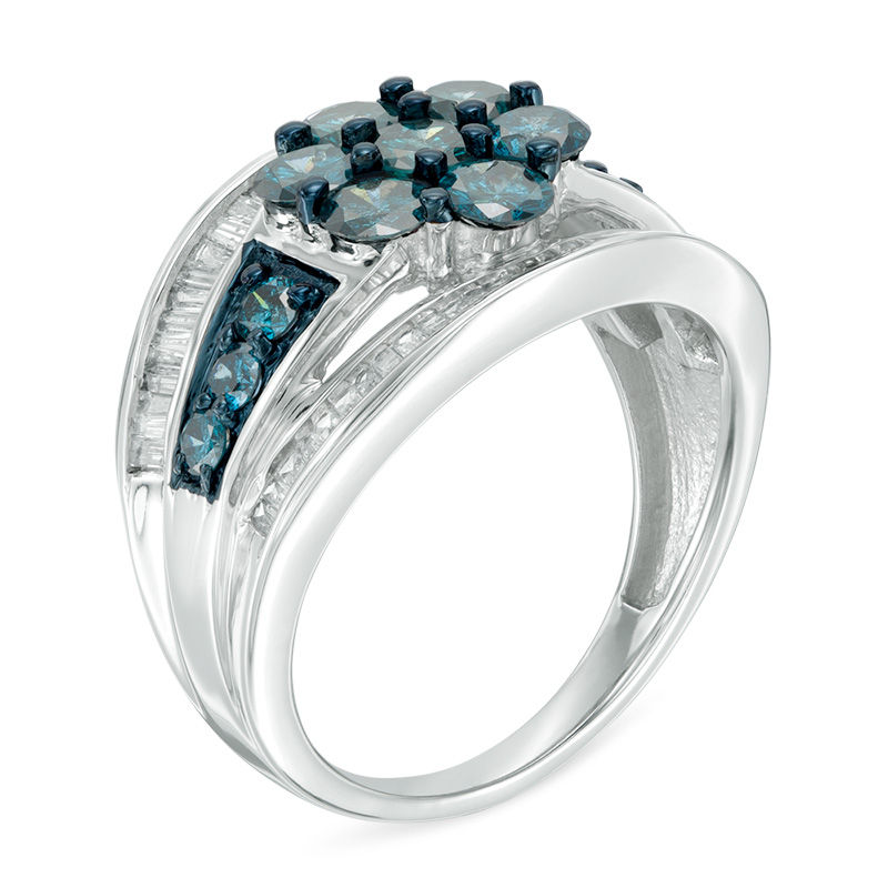 2 CT. T.W. Composite Enhanced Blue and White Diamond Flower Ring in 10K White Gold