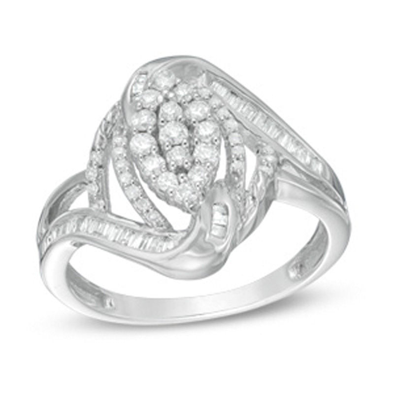 1/2 CT. T.W. Composite Diamond Marquise Swirl Bypass Ring in 10K White Gold