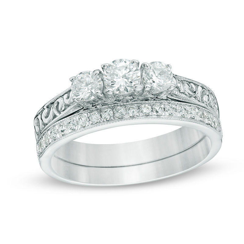 3/4 CT. T.W. Diamond Three Stone Vintage-Style Bridal Set in 10K White Gold
