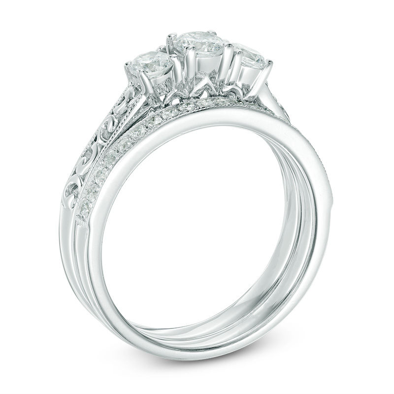3/4 CT. T.W. Diamond Three Stone Vintage-Style Bridal Set in 10K White Gold