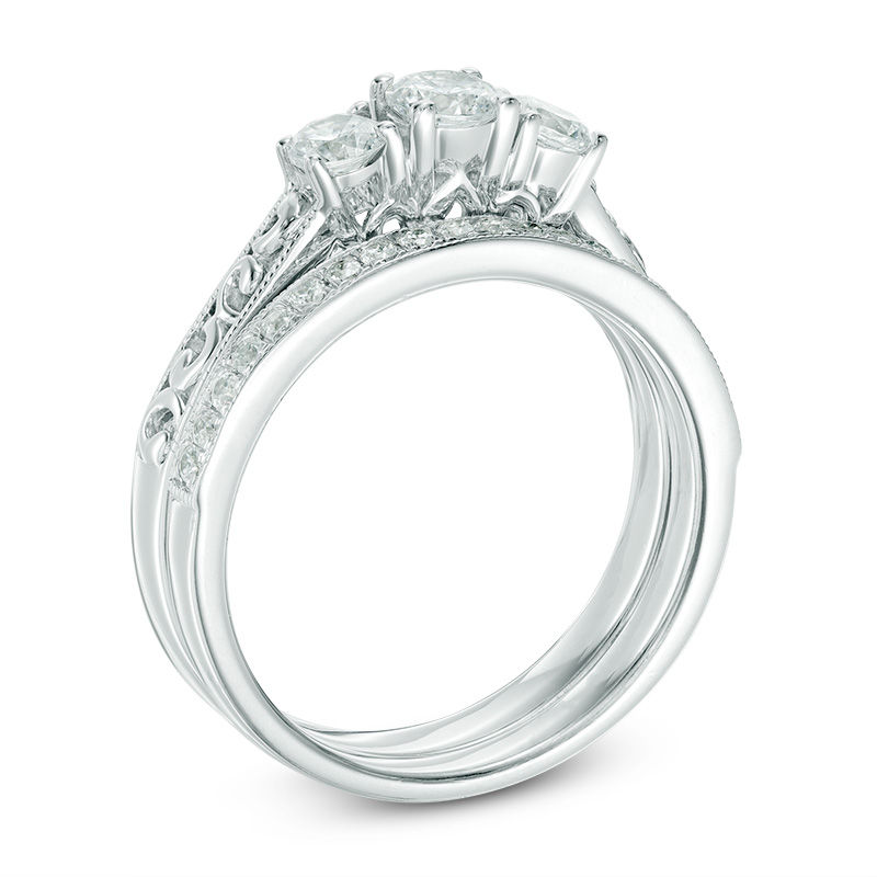 Main Image 2 of 3/4 CT. T.W. Diamond Three Stone Vintage-Style Bridal Set in 10K White Gold