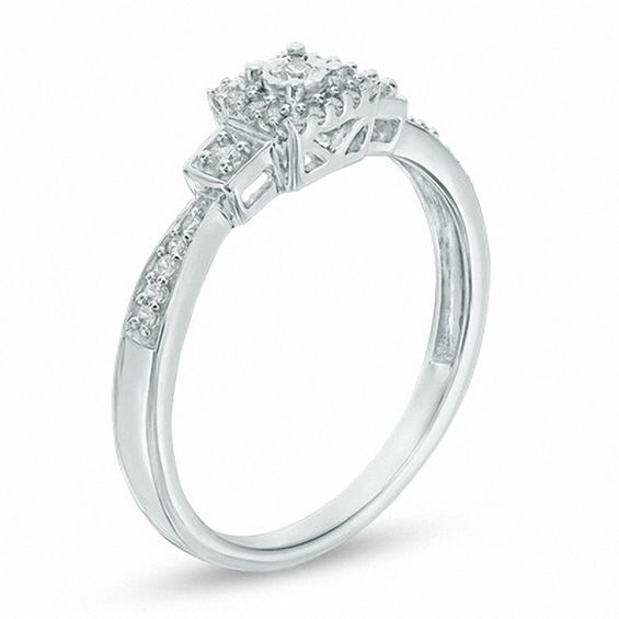 1/10 CT. T.w. Diamond Square Frame Three Stone Promise Ring in 10K White Gold