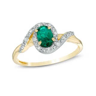 Oval Lab-Created Emerald and Diamond Accent Swirl Frame Ring in 10K ...