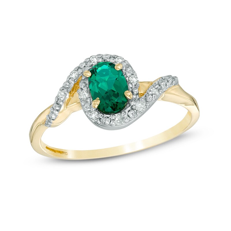 Main Image 1 of Oval Lab-Created Emerald and Diamond Accent Swirl Frame Ring in 10K Gold