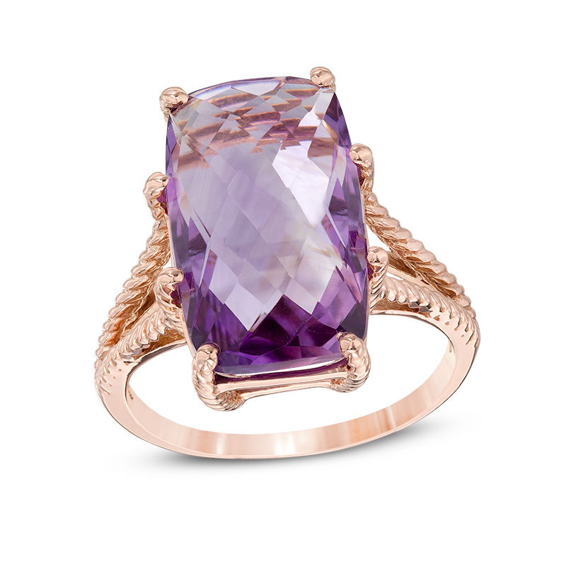 Elongated Cushion-Cut Amethyst Split Shank Rope Ring in 10K Rose Gold