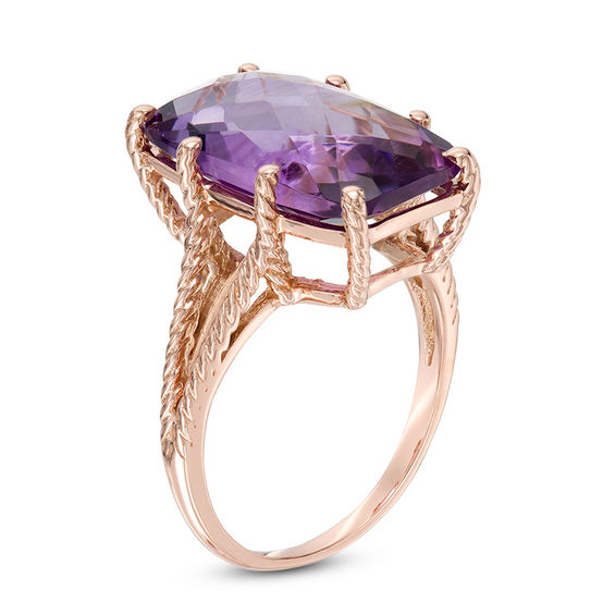 Elongated Cushion-Shaped Amethyst Split Shank Rope Ring in 10K Rose Gold