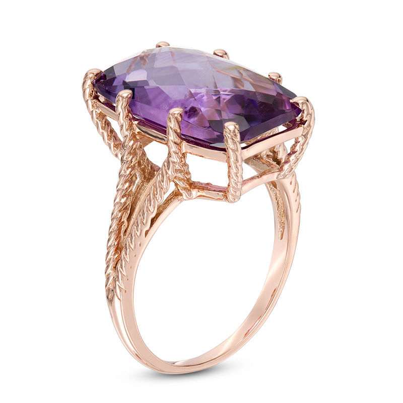 Elongated Cushion-Cut Amethyst Split Shank Rope Ring in 10K Rose Gold