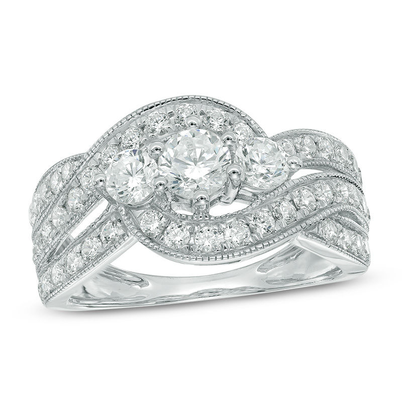 1-1/2 CT. T.W. Diamond Three Stone Swirl Engagement Ring in 10K White ...
