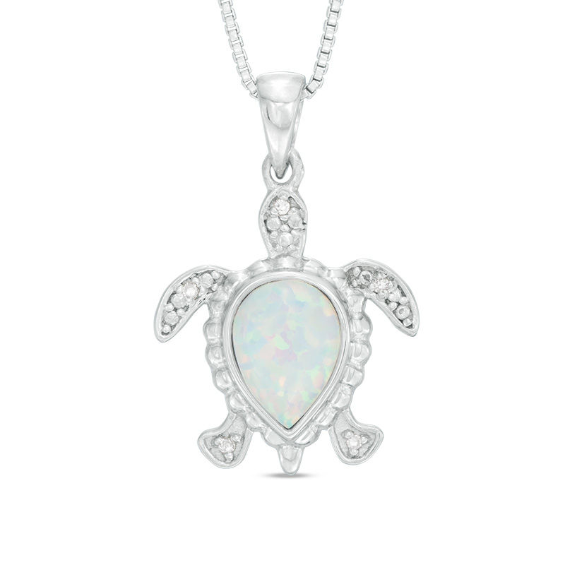 Lab-Created Opal and Diamond Accent Beaded Sea Turtle Pendant in Sterling Silver