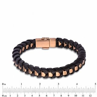 Men's Woven Brown Leather Bracelet in Stainless Steel with Rose IP - 8. ...