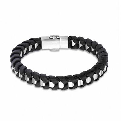 Men's Woven Black Leather Bracelet in Stainless Steel - 8.5