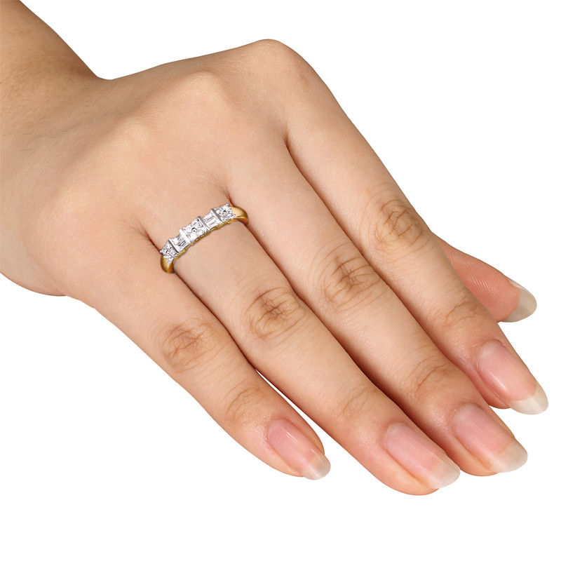 1/4 CT. T.W. Baguette and Round Diamond Alternating Two Row Anniversary Band in 10K Gold