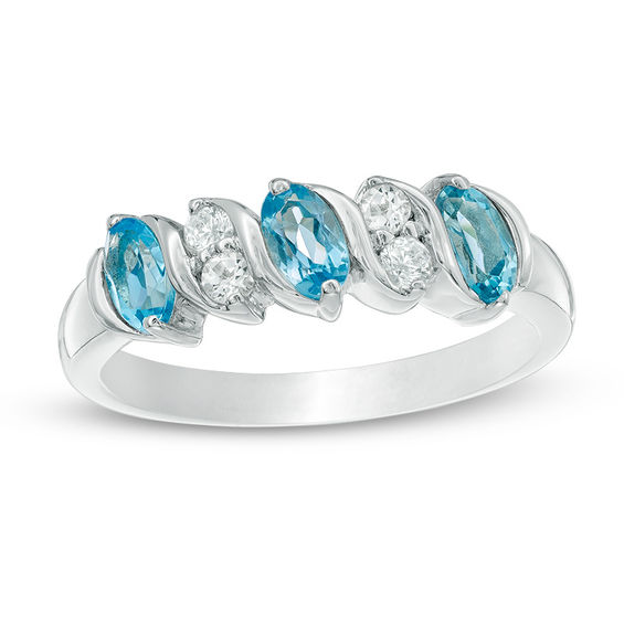 Oval Blue Topaz and White Five Stone Ring Sterling Silver