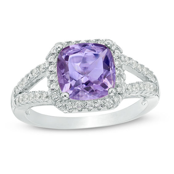 8.0mm Cushion-Cut Amethyst and White Topaz Frame Split Shank Ring in Sterling Silver