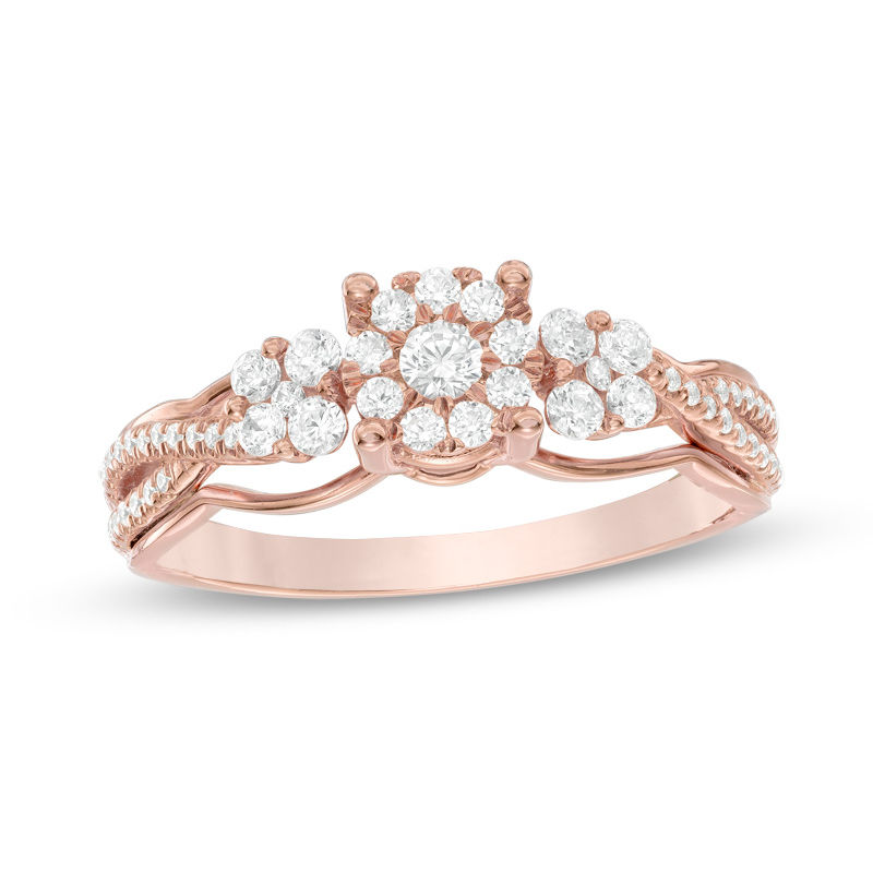 1/2 CT. T.W. Composite Diamond Three Stone Split Shank Engagement Ring in 10K Rose Gold
