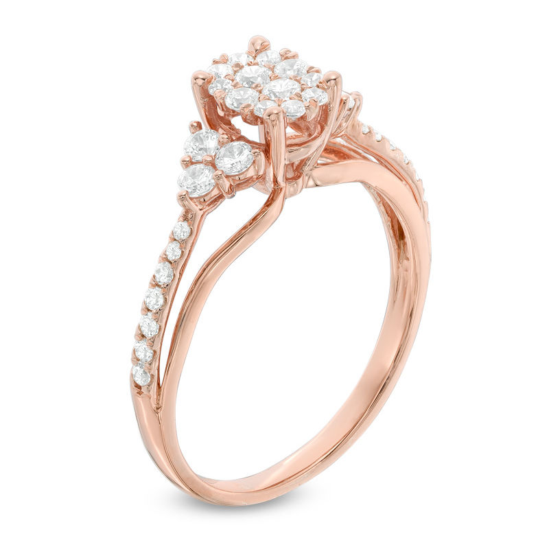 1/2 CT. T.W. Composite Diamond Three Stone Split Shank Engagement Ring in 10K Rose Gold