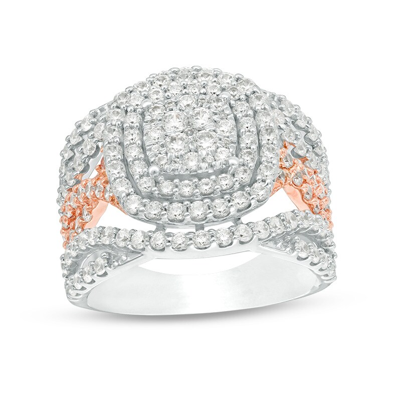 Main Image 1 of 2 CT. T.W. Cushion Multi-Diamond Double Frame Twist Multi-Row Ring in 10K Two-Tone Gold