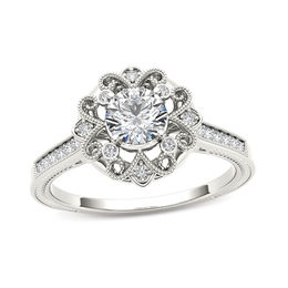 5/8 CT. T.W. Diamond Flower Frame Vintage-Style Engagement Ring in 14K White Gold