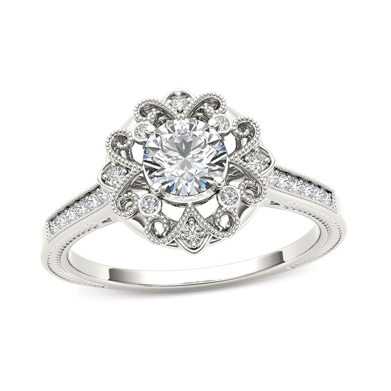 5/8 CT. T.W. Diamond Flower Frame Vintage-Style Engagement Ring in 14K White Gold