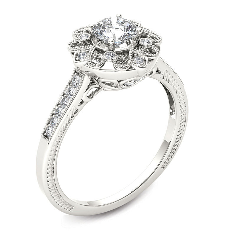 5/8 CT. T.W. Diamond Flower Frame Vintage-Style Engagement Ring in 14K White Gold