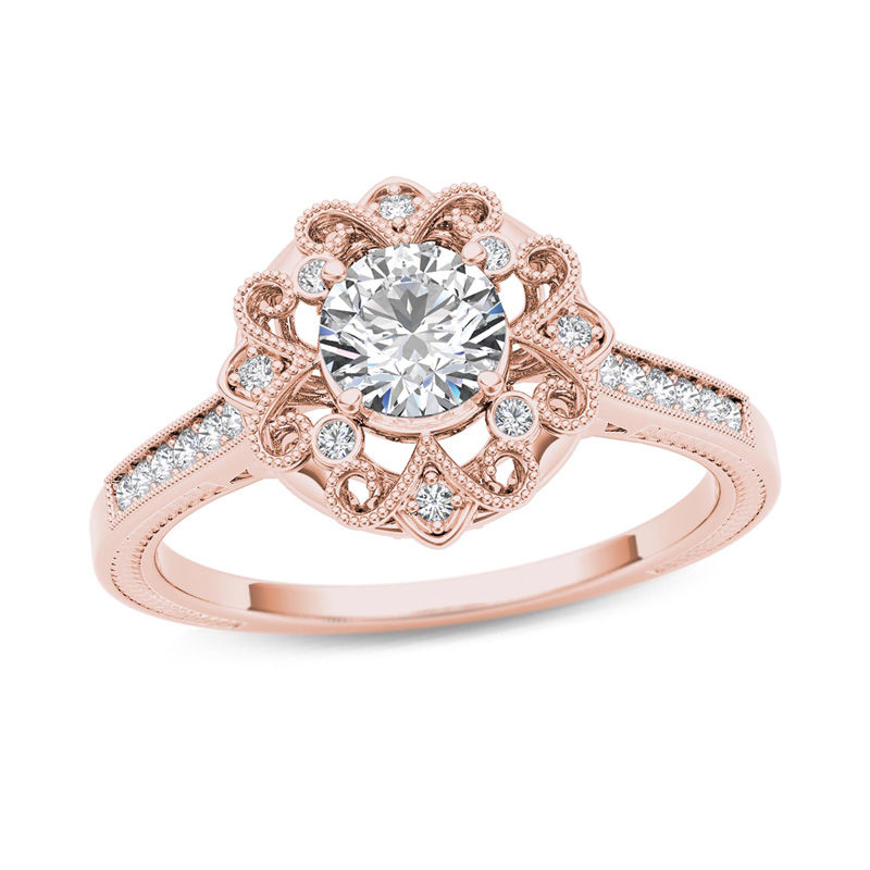 5/8 CT. T.W. Diamond Flower Frame Vintage-Style Engagement Ring in 14K Rose Gold