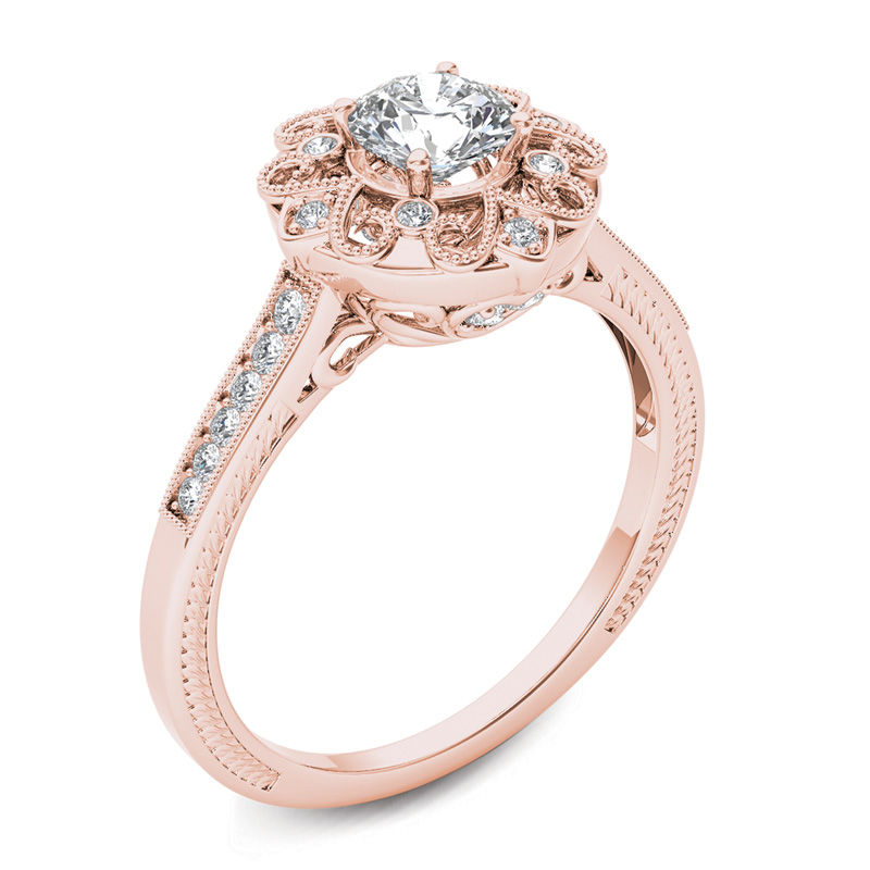 Main Image 2 of 5/8 CT. T.W. Diamond Flower Frame Vintage-Style Engagement Ring in 14K Rose Gold