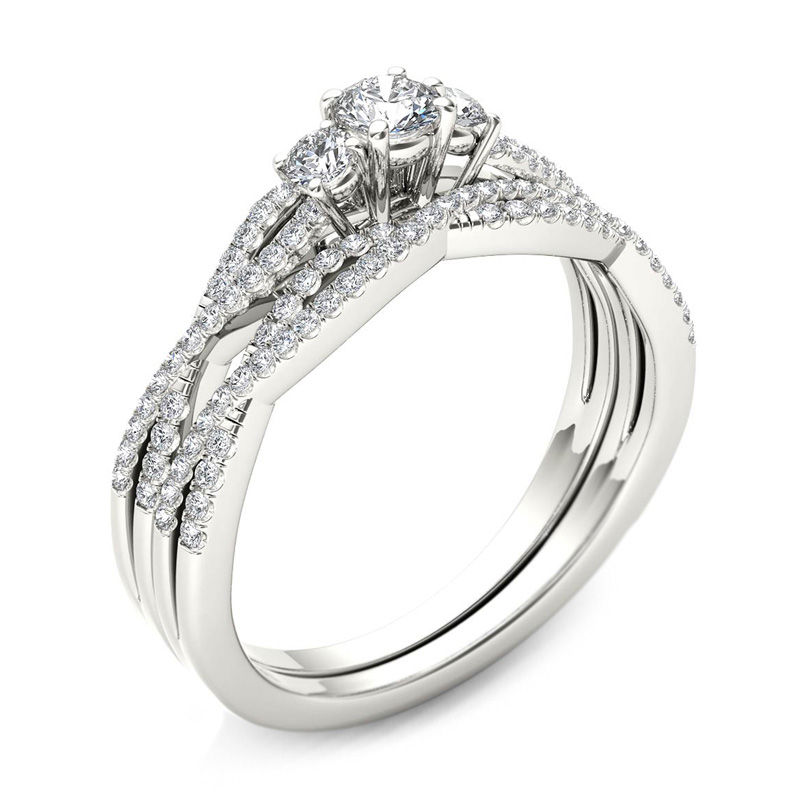 Main Image 2 of 1/2 CT. T.W. Diamond Three Stone Twist Bridal Set in 14K White Gold