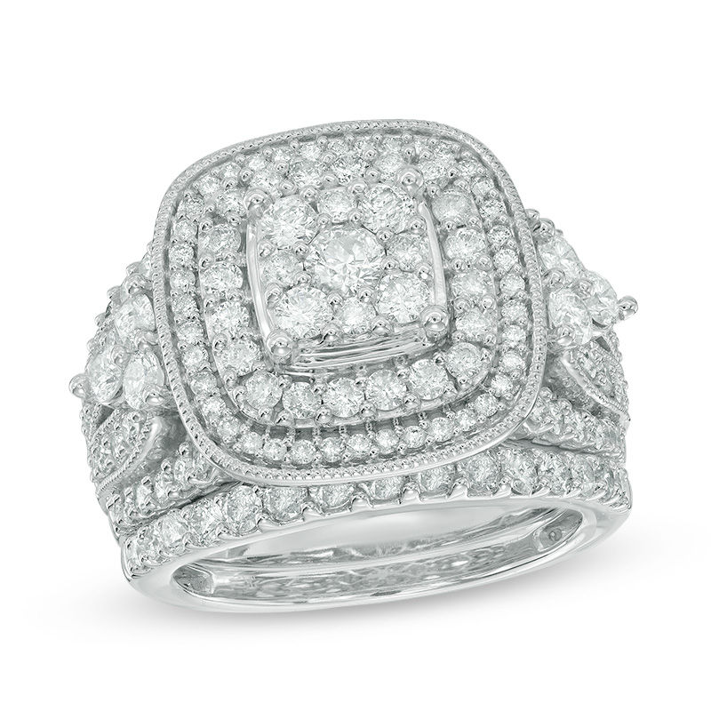 Main Image 1 of 2-1/4 CT. T.W. Composite Diamond Cushion Frame Bridal Set in 14K White Gold