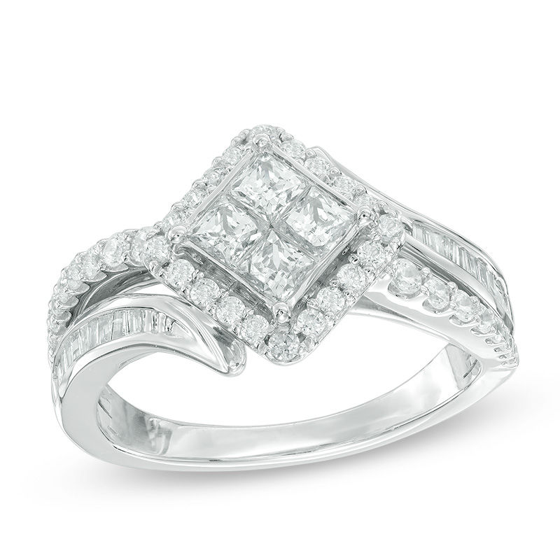Main Image 1 of 1 CT. T.W. Quad Princess-Cut Diamond Bypass Engagement Ring in 10K White Gold