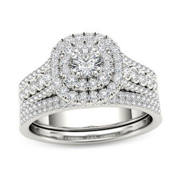 1 CT. T.W. Diamond Double Cushion Frame Multi-Row Bridal Set in 14K White Gold