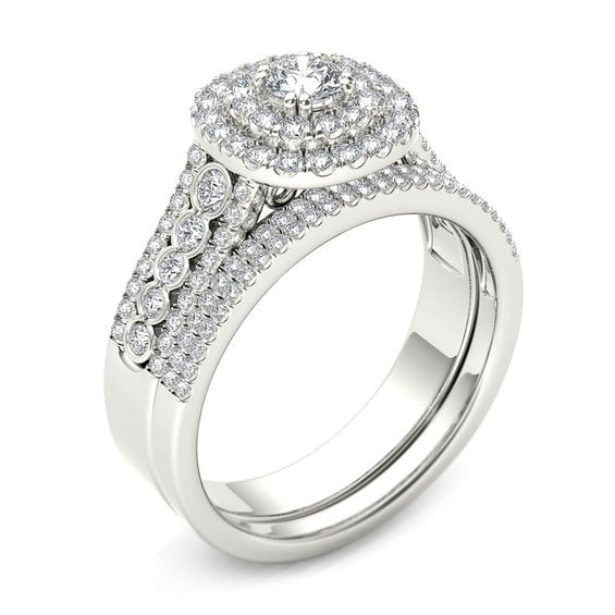 1 CT. T.w. Diamond Double Cushion Frame Multi-Row Bridal Set in 14K White Gold
