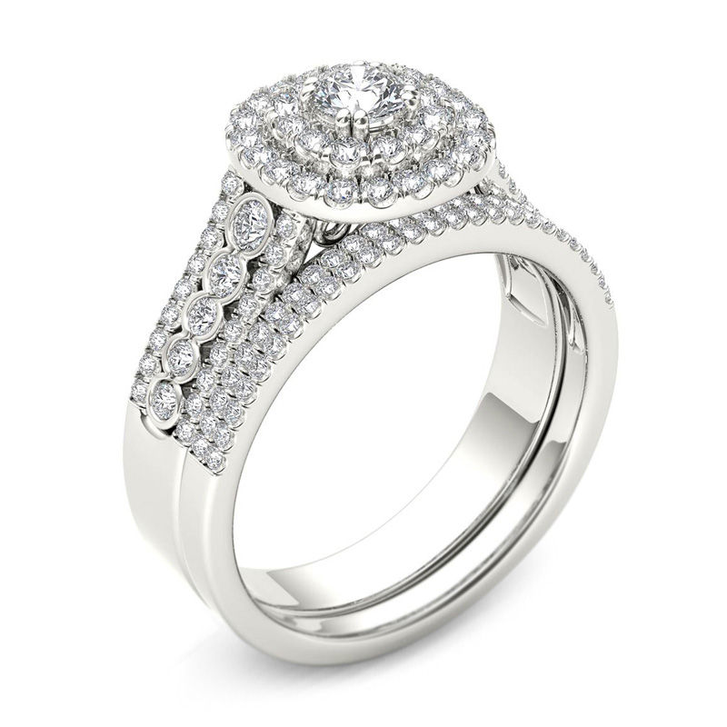 1 CT. T.W. Diamond Double Cushion Frame Multi-Row Bridal Set in 14K White Gold