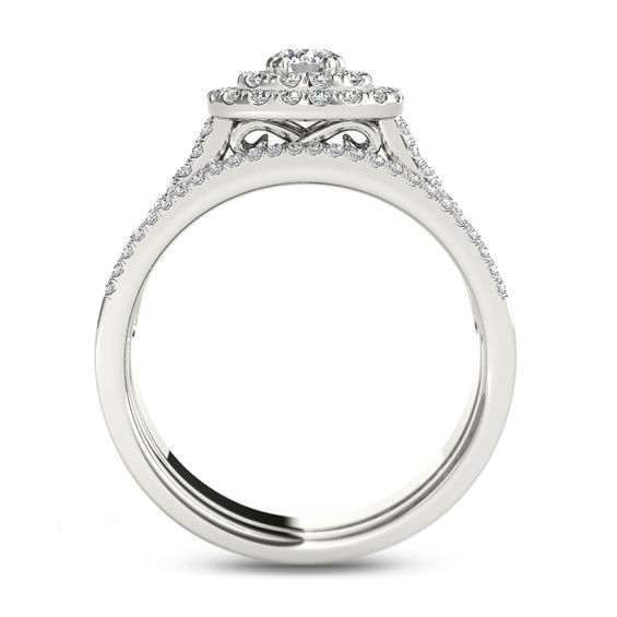 1 CT. T.w. Diamond Double Cushion Frame Multi-Row Bridal Set in 14K White Gold