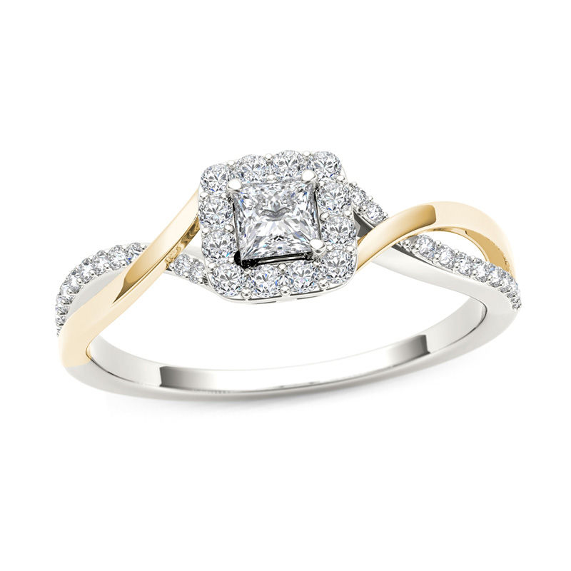 Main Image 1 of 1/2 CT. T.W. Princess-Cut Diamond Square Frame Twist Engagement Ring in 14K Two-Tone Gold