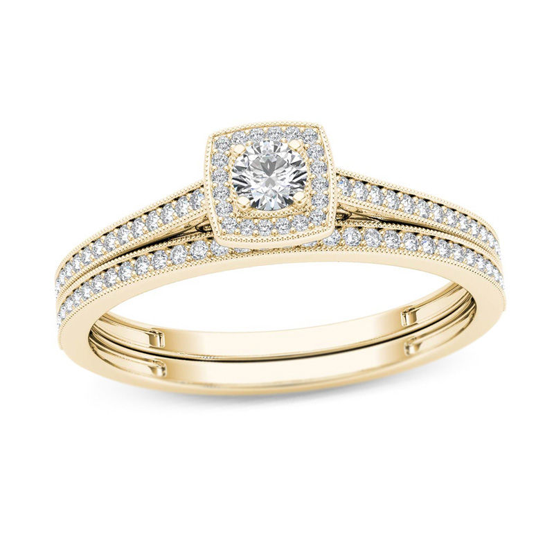 Main Image 1 of 1/3 CT. T.W. Diamond Cushion Frame Vintage-Style Bridal Set in 14K Gold
