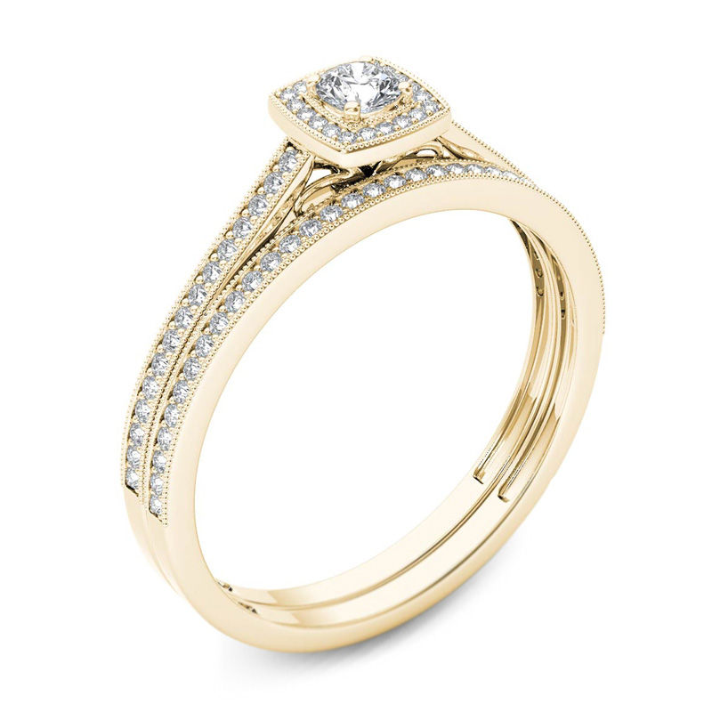 Main Image 2 of 1/3 CT. T.W. Diamond Cushion Frame Vintage-Style Bridal Set in 14K Gold