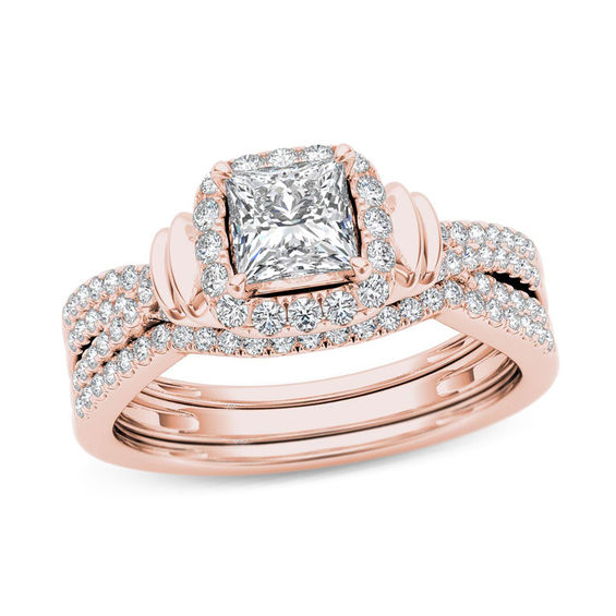 1 CT. T.W. Princess-Cut Diamond Frame Multi-Row Three Piece Bridal Set in 14K Rose Gold 1 CT. T.W. Princess-Cut Diamond Frame Multi-Row Three Piece Bridal Set in 14K Rose Gold